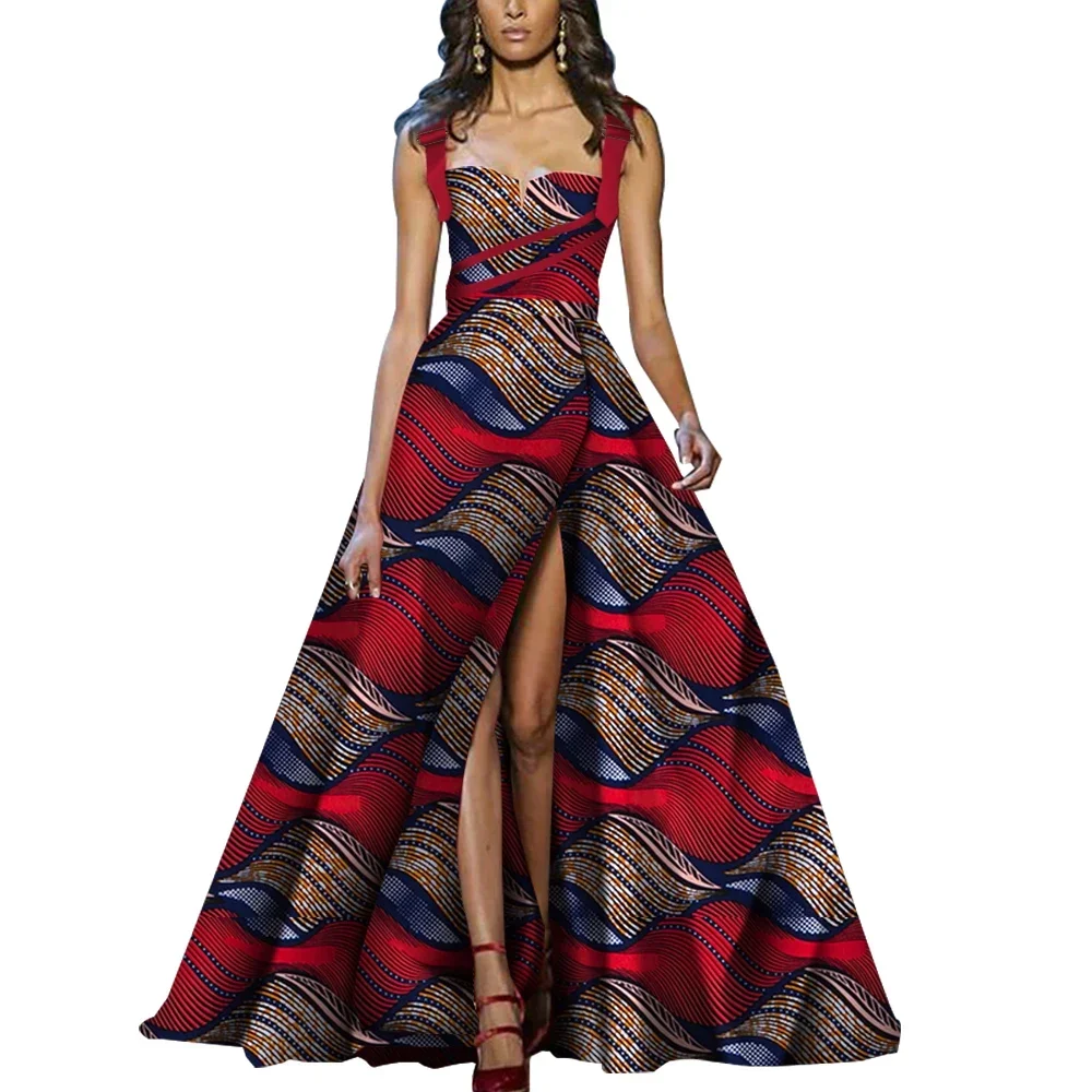 African Dresses Women Print Dashiki Adjusting Buckle Long Split Dress Bazin Riche Sleeveless Ankara Dresses WY5965