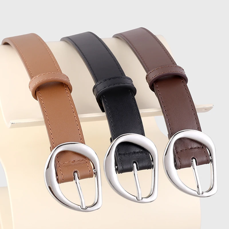 simple sliver buckle split leather belt for women 25mm