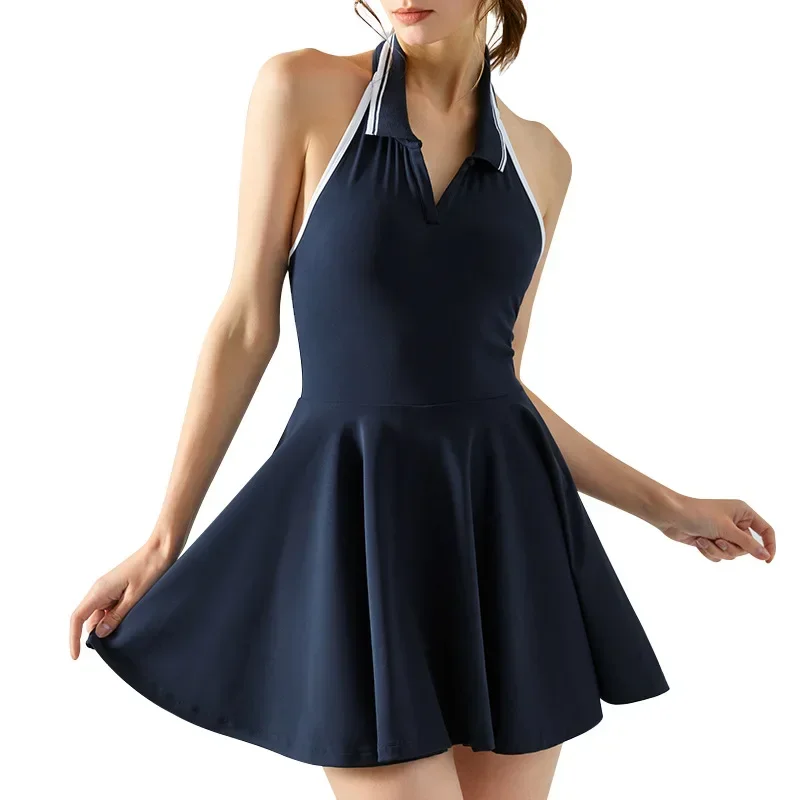 Hanging Neck Contrasting Color Lapel Tennis Sports Dress Women Yoga Vest with Chest Pad Fake Two Anti-light Outdoor Tennis Skirt