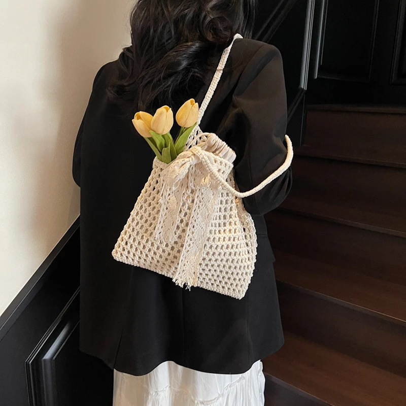 Arrival Hollow Out Lace Bow Shoulder Bags For Women Large Capacity Straw Handbag Totes Vintage Travel Beach Bag Shopping Pack
