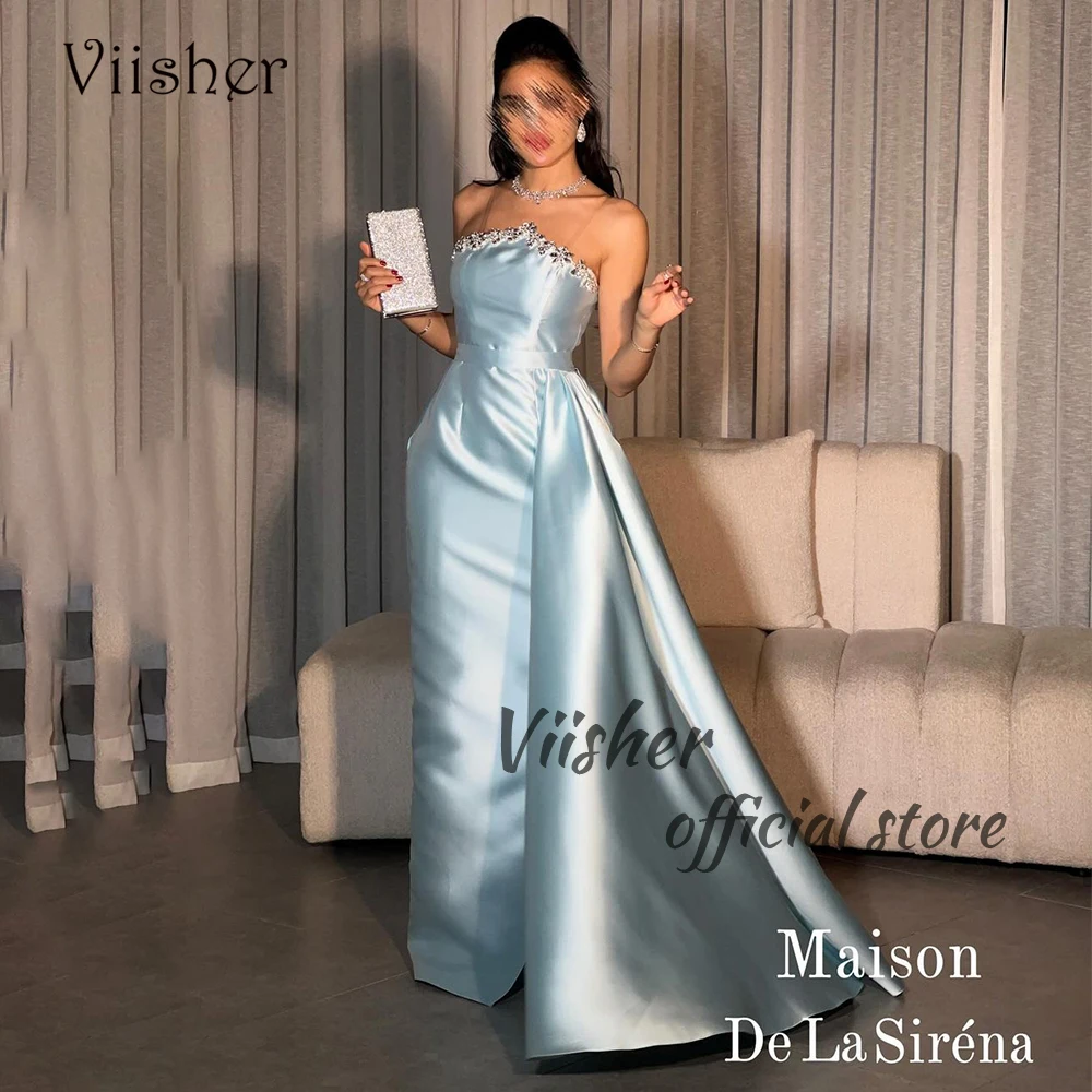 

Viisher Arabian Dubai Mermaid Evening Dresses with Slit Beaded Satin Strapless Prom Dress Detachable Train Formal Evening Gowns