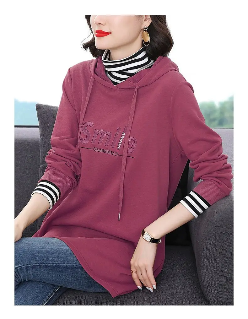 Women Spring and Autumn Fashion New Hooded Sweatshirt Striped Letter Splicing Comfortable Versatile Large Size Long Sleeves Top