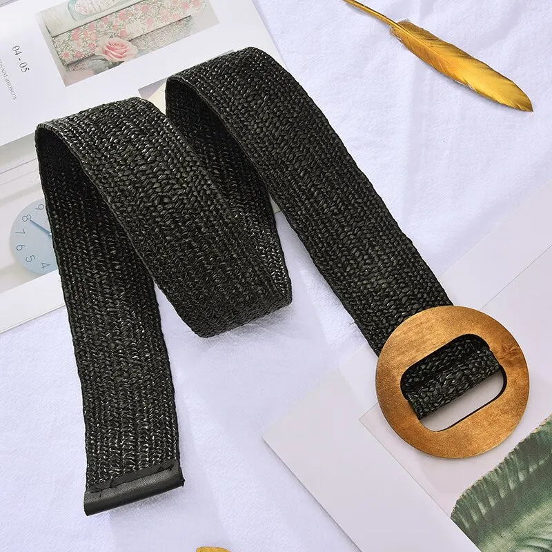 Women's Belt Elastic Woven Wide Belt PP Grass Waist Seal Wood Round Buckle Belt Fashion Ethnic Style Paired with Coat Skirt Belt