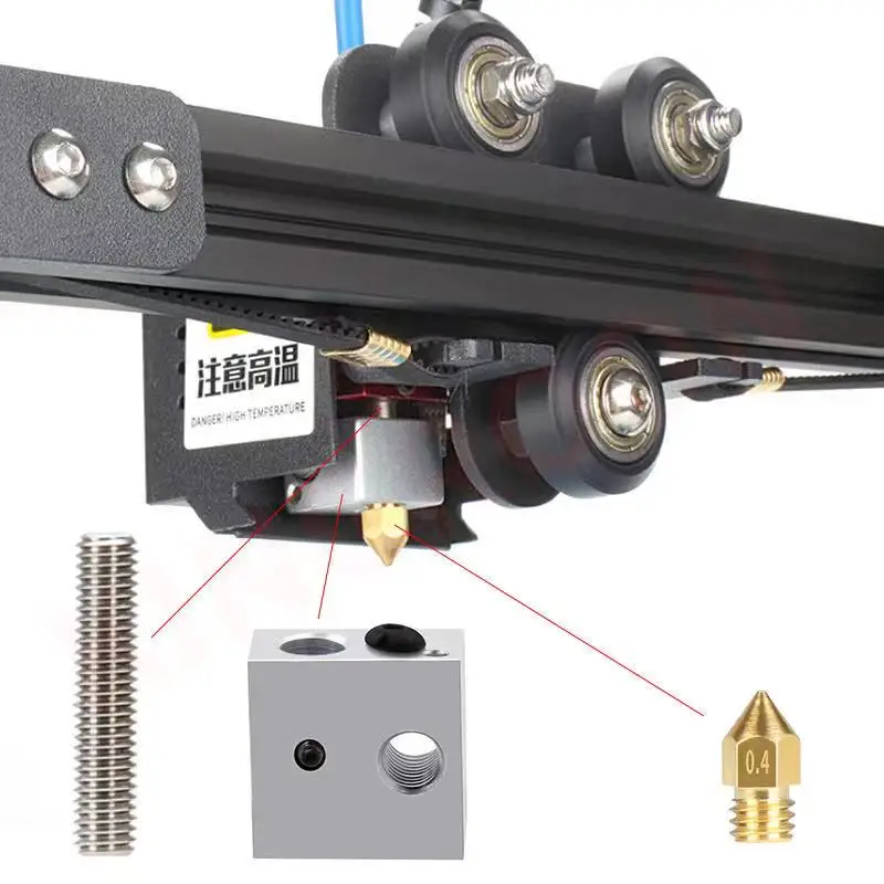 3D Printer MK8 Extruder Nozzles Kit for 0.4mm Brass Extruder Nozzle Print Head 30mm Length Throat Tube Heater Blocks Hotend