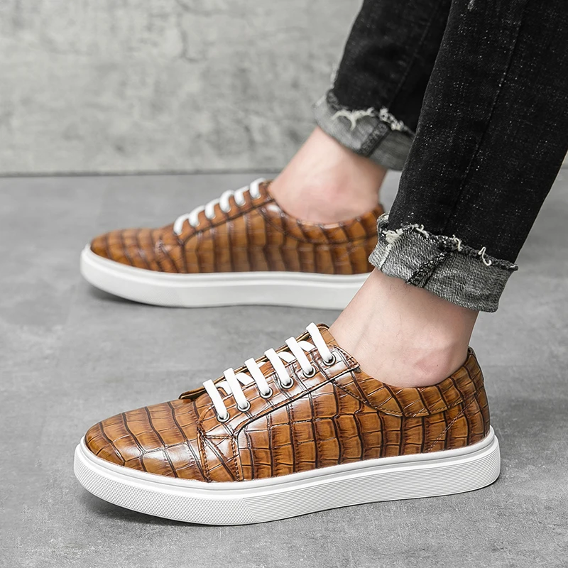 YRZL Men Casual PU Leather Skateblard Shoes Men Design Office Shoes Comfortable Lace Up Big Size Brown Leather Shoes for Men