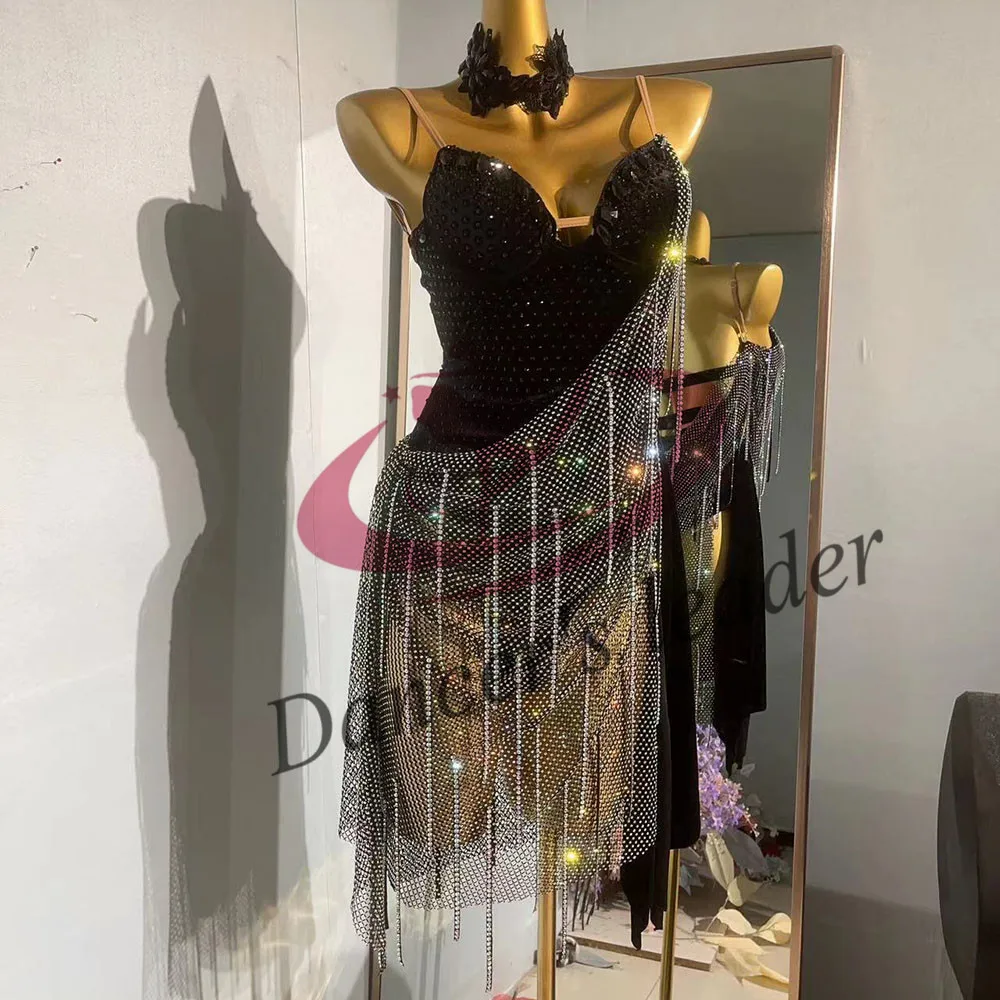 

Latin dance Dress High end Customized Diamond Ball Sling Cha Cha Tango Female Adult Stage Professional Clothing