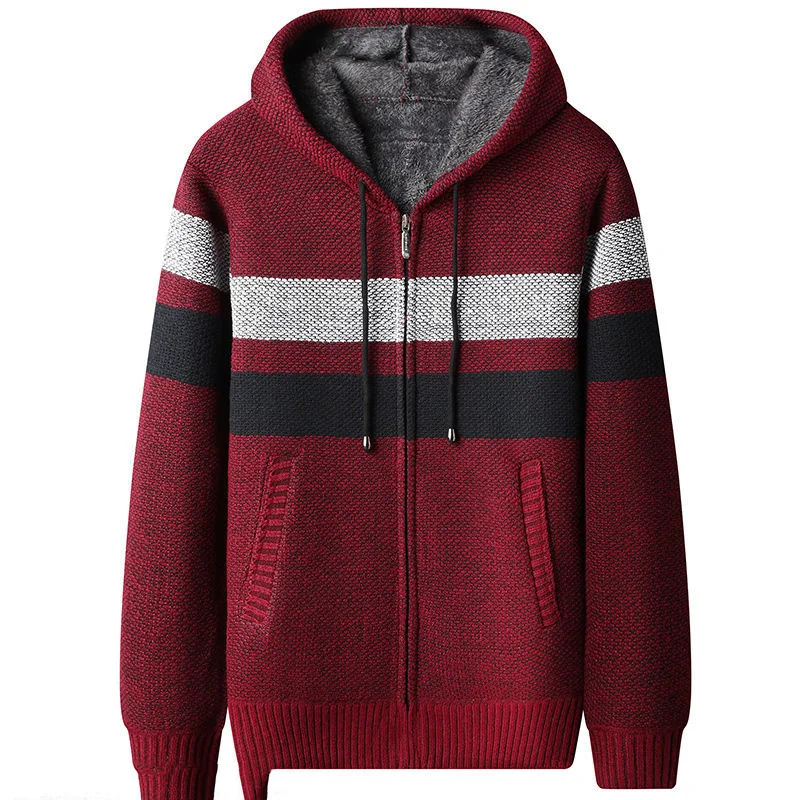 2023 Autumn Winter New Hooded Fashion Long Sleeve Sweater Man High Street Contrast Color Zipper Cardigan Thicken Warm Tops