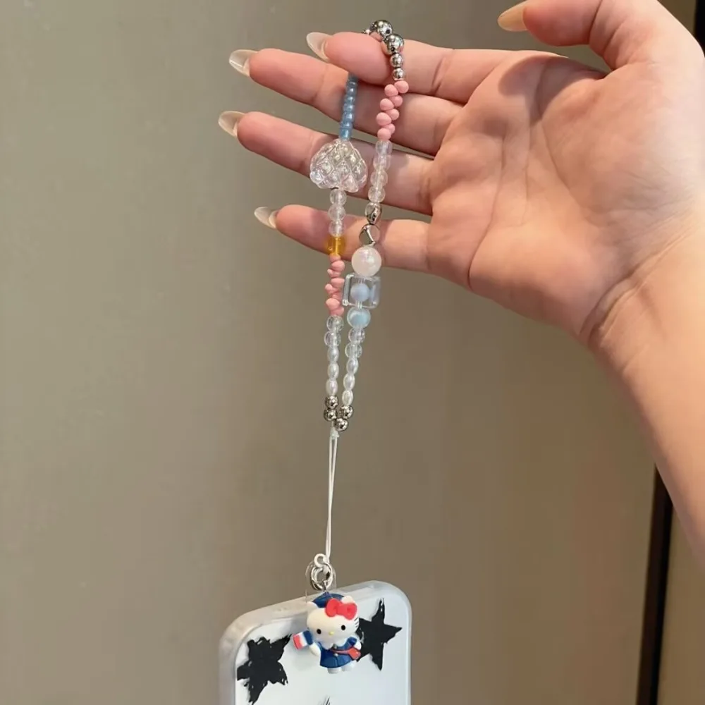 iigen Kawaii Sanrio 헬로 키티 비즈 폰 체인 러브 하트 귀여운 고양이 인 소녀 동물 키체인 분실 방지 휴대폰 스트랩