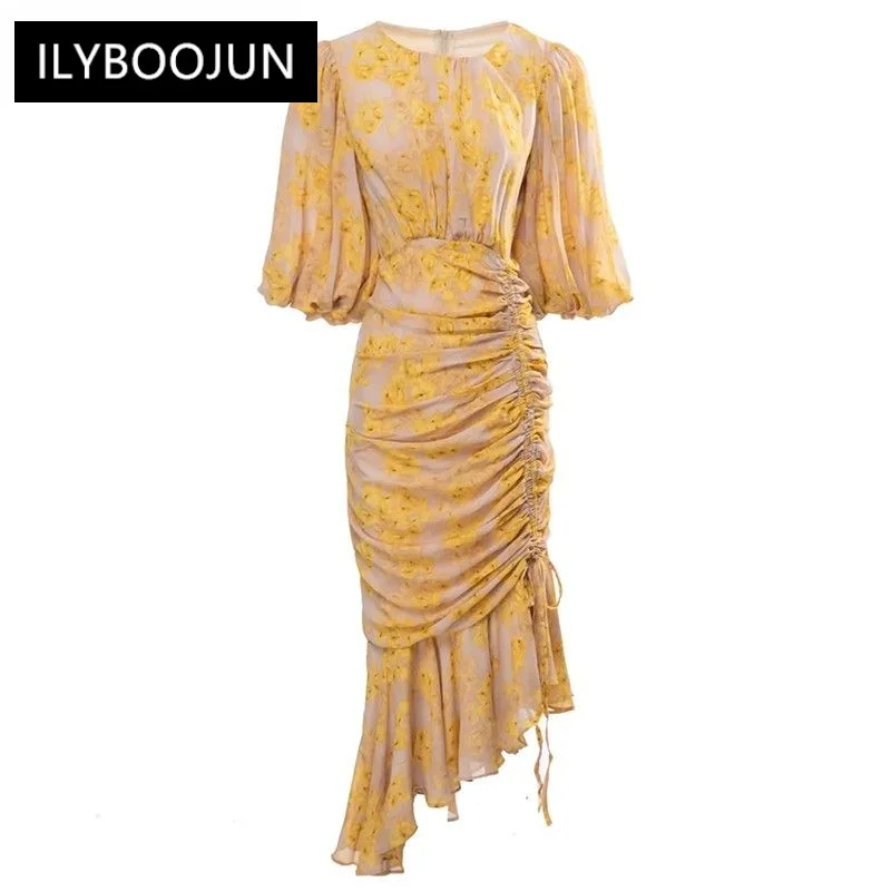 

Женское асимметричное платье с коротким рукавом, модельное роскошное Брендовое элегантное платье с круглым вырезом и цветочным принтом, лето 2023