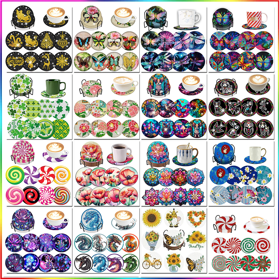 SDOYUNO 8pcs Diamond Art Coasters With Holder Diy Animal Pattern Drink Cup Cushion For Crafts Flower Diamond Painting Kits