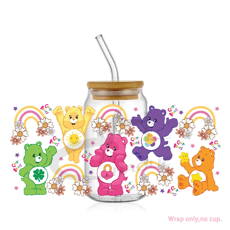 Cute Bear Rainbow UV DTF 16oz Libbey Cup Digital Wrap UVDTF Transfer Adhesive Wrap No Heat Needed Cup Not Included sticker cups cup wraps uv dtf wrap transfer