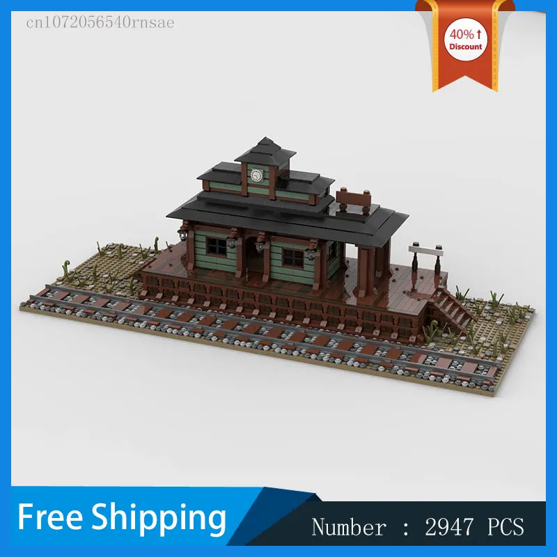

West Style Western Train Station MOC Building Blocks Modular Model Birthday Present Architecture Toy Street View Series