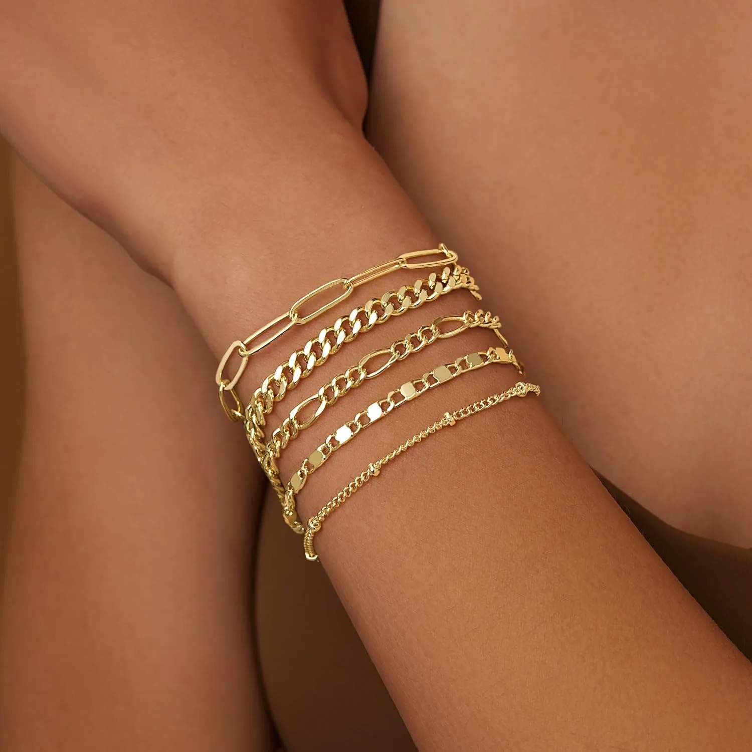 Gold Bracelets Set for Women,14K Gold Plated Dainty Gold Link Chain Bracelets Trendy Stackable Gold Cuff Bracelets Jewelry Gifts 2