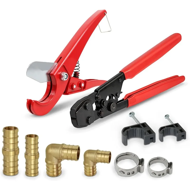 Pex with Crimper & Cutter Tools - Set includes Brass Elbow & Coupling Fittings, Cinch Clamps, Half Clamps