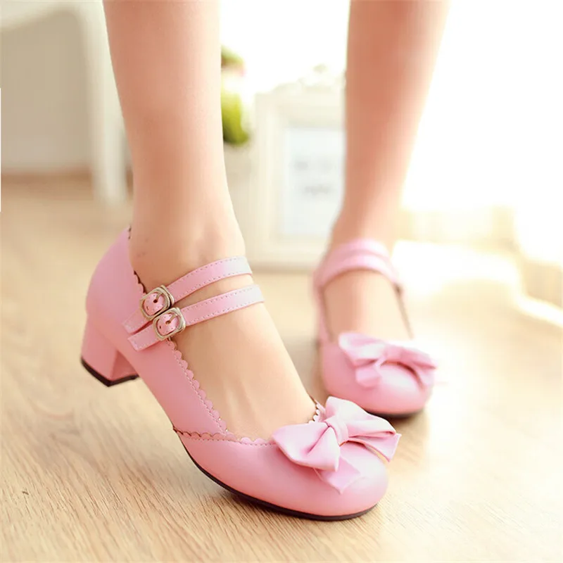 PXELENA LO New Hot Girls Sweet Bowtie Women Lolita Mary Janes Low Heel Ballet Pumps Ankle Strap Shoes Plus Size US 4.5-10.5
