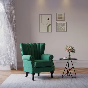 【Breeins】Vintage Old-fashion Velvet Wing Back Armchair with Studs Single Sofa Livingroom Home Decoration Modern Classic