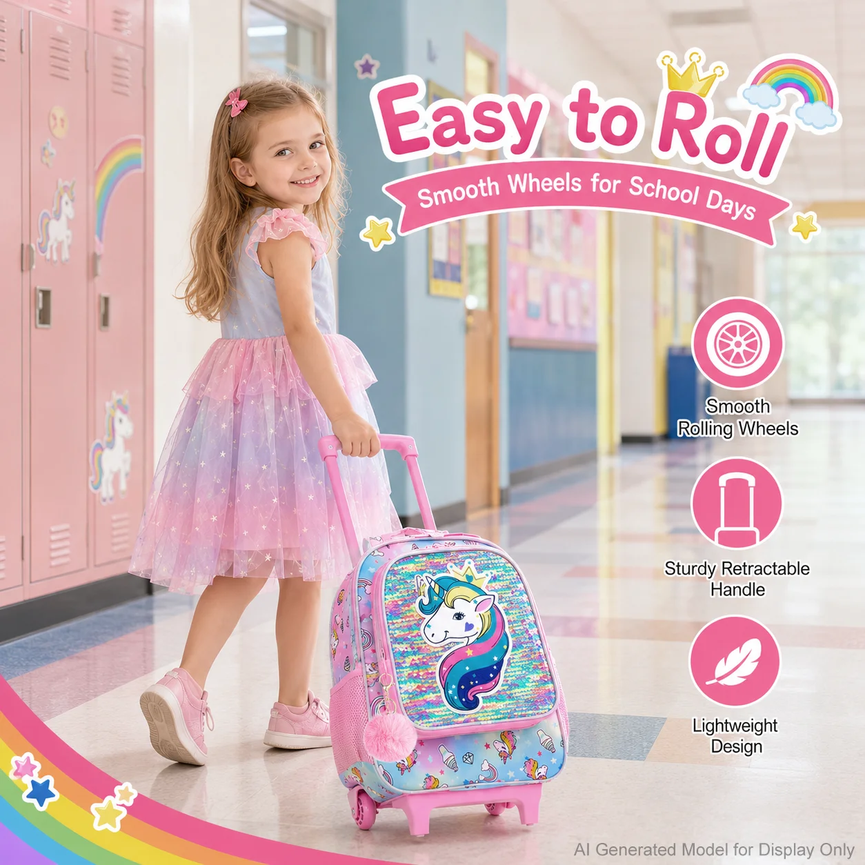 3PCS Rolling Backpack for Girls Kids Roller Wheels Bookbag with Lunch Bag Pink Unicorn Glow-in-the-dark Function