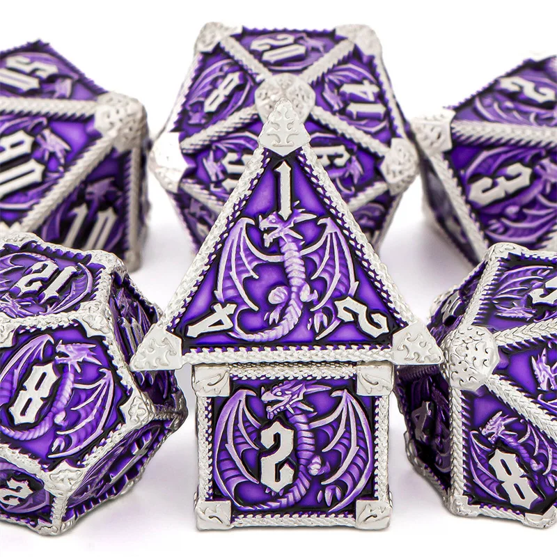 

OUKELANWO 7 Pcs Metal DND Polyhedral Dice Set Dungeon And Dragon Dice Set Handmade Purple RPG Role Playing Dice