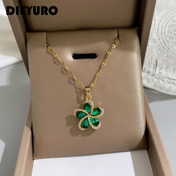 Green Zircon Flowers Pendant Necklace For Women