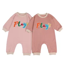 

Newborn Clothes Toddler Girl Colorful Letter Patch Pink Rompers Spring Autumn Baby Boy Pure Color Long Sleeve One Piece Jumpsuit