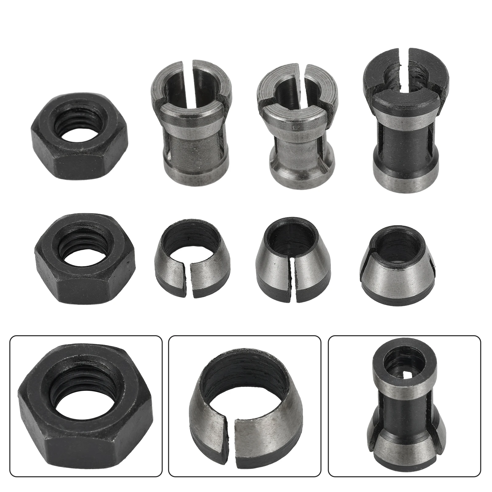 Router Bit Collet Chuck Adapter Kit 7/8mm Nut Inner 6/6.35/8mm Model Carbon Steel Wood Router Cutter Power Tool Accessories last fantasy 7 weapon 21cm cloud strife key chain alloy model japanese katanas real steel swords catana sabers toy knife for kid