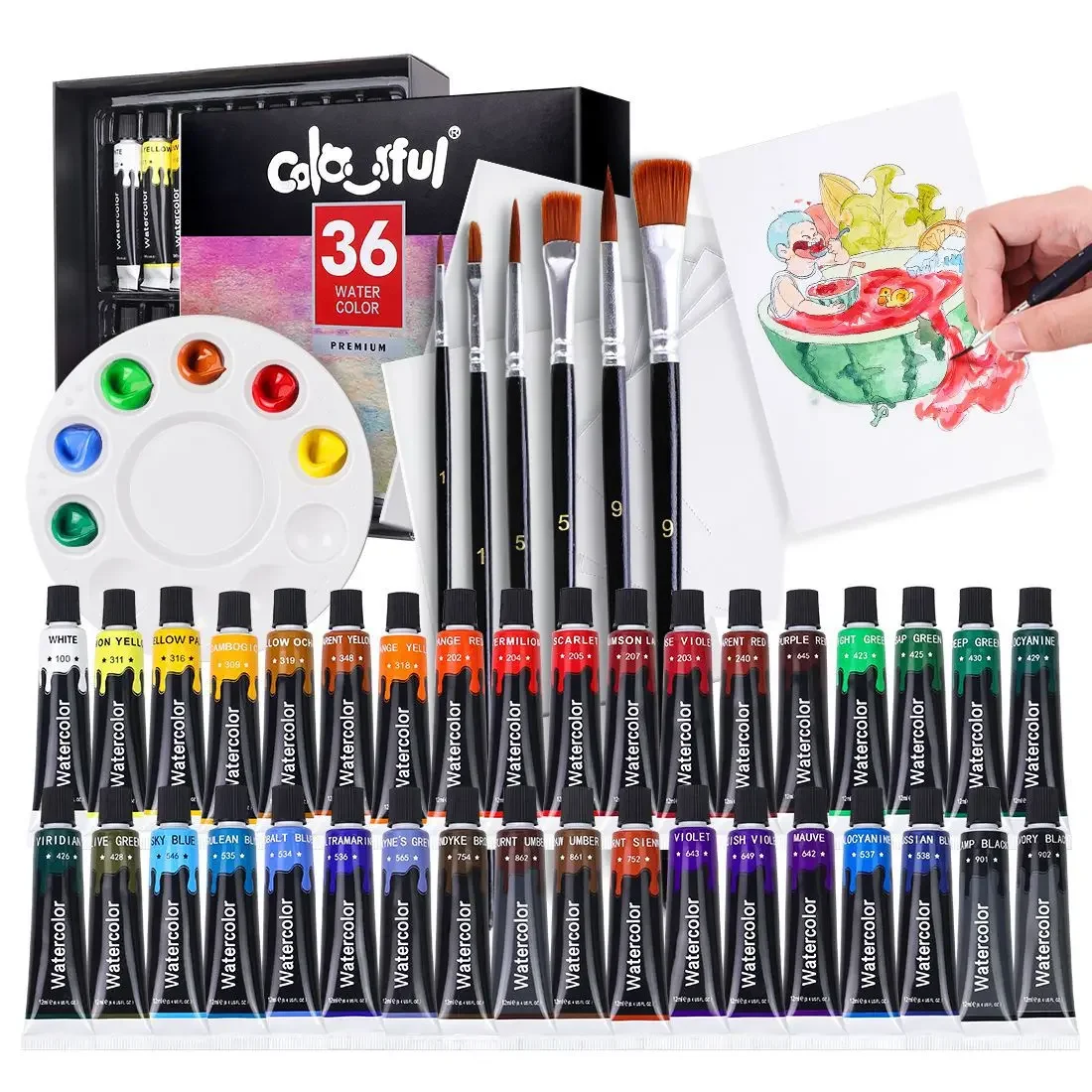 

Watercolor Paints 12/24/36 Colors 12ml Tube Paint Set With 6 brushes,Palette, for Drawing Graffiti for Kid Artists Painting