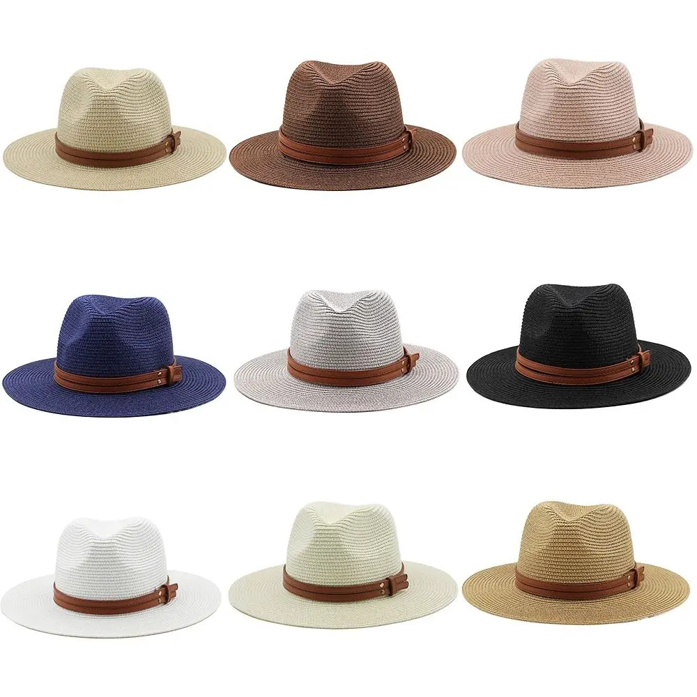 

Wide Brim Straw Hat Natural Leather Band Foldable Sun Cap Beach Summer Fedora Hat Women/Men