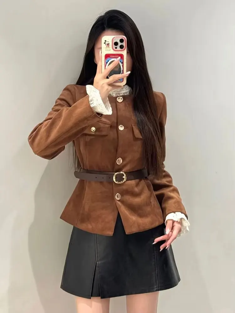 HH Women Casual Solid Suede Coats With Belt O Neck Single Breasted Long Sleeve Blazer Jacket Autumn Fashion High Street Outwear