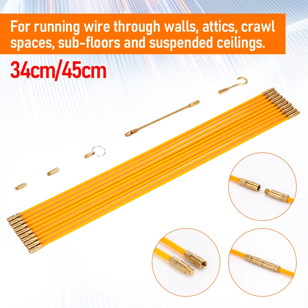 33CM/45CM Fiberglass Wire Cable Push Puller Running Rods Fish Pulling Kit Wall Electrical Wires Hook Rods Tool 10Pcs cable puller