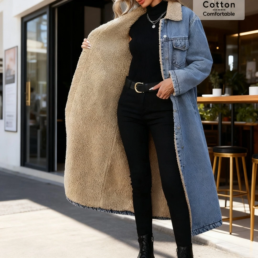 Winter Plus Velvet Thick Denim Jacket Women Loose Snow Rabbit Fur Mid-length Denim Cotton Jacket Casual Plus Size Women's Jacket