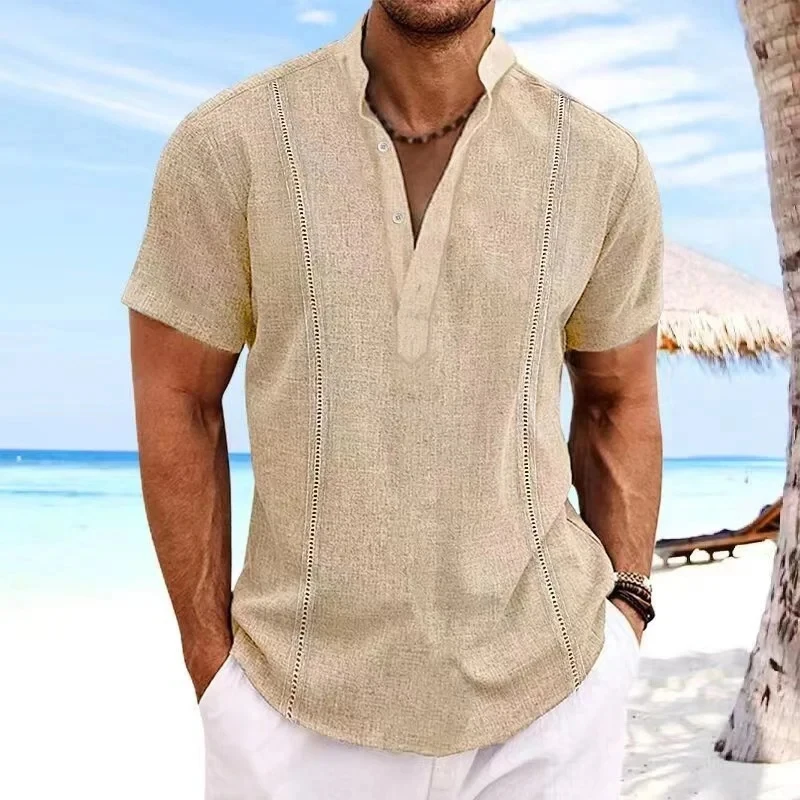 Men's Summer Striped 3D Printed Henley Shirts Fashion Oversized Button Stand Collar Short Sleeve T Shirt Tees Tops