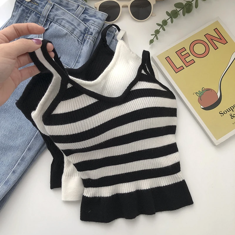 Fashion (d Black)knitted Camis For Woman Tops For Women Stripes Crop Tops  Built In Bra Spaghetti Strap Camisole Female Tank 2022 Droppshipping WEF @  Best Price Online