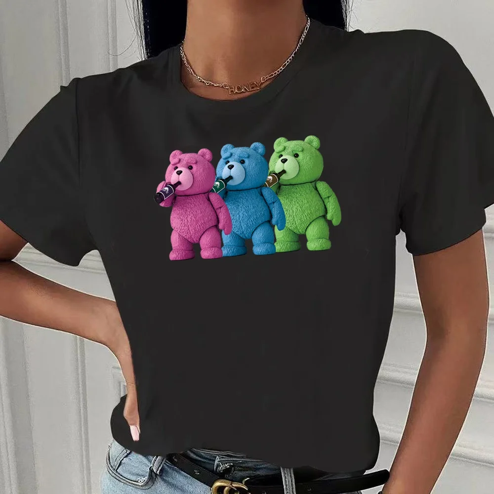 Fashion Bear Print Women T-Shirt Harajuku Round Neck Casual Loose Short Sleeve Summer Slim Soft Tops Clothing Hip Hop Streetwear
