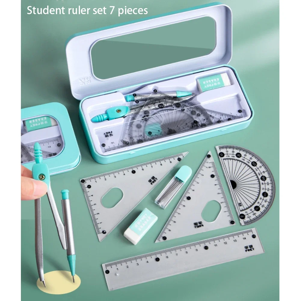 7pcs Compass and Ruler Set Student Ruler Set Cute Rriangle Exam Specific Box School Supplies