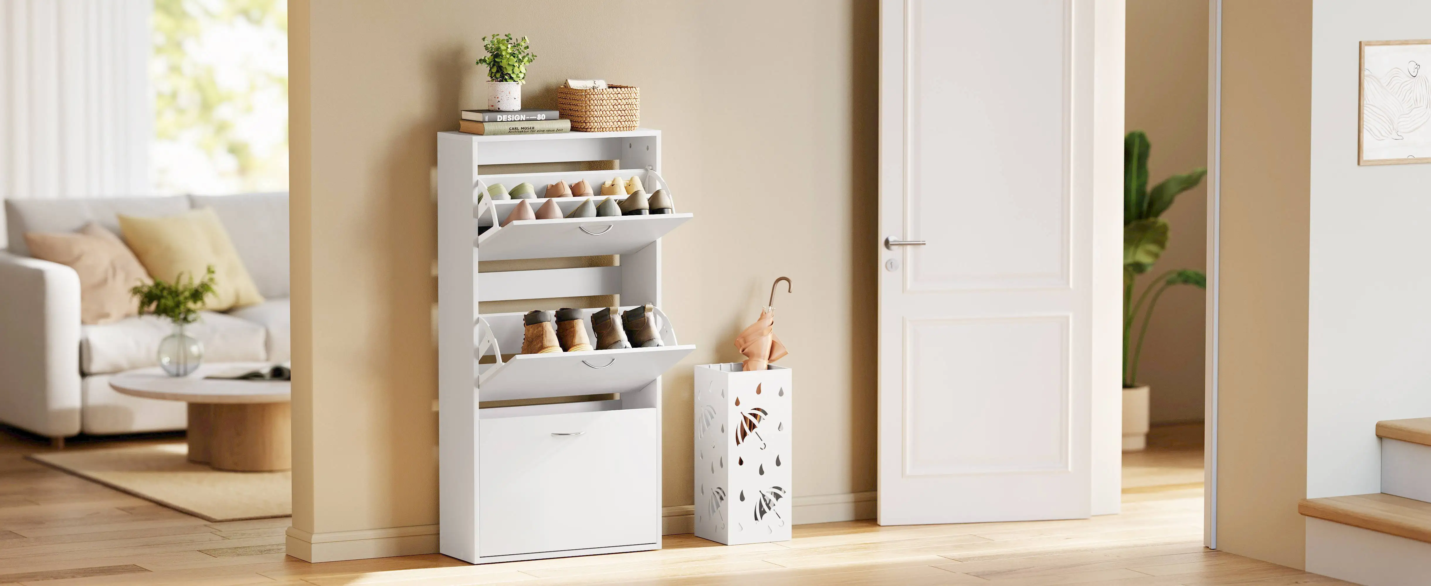 WOLTU 3-stufiges Schuhregal, Schuhschrank-Organizer mit 3 Klappschubladen, für 14–18 Paar Schuhschränke für Flure und Wohnzimmer – Detail 3