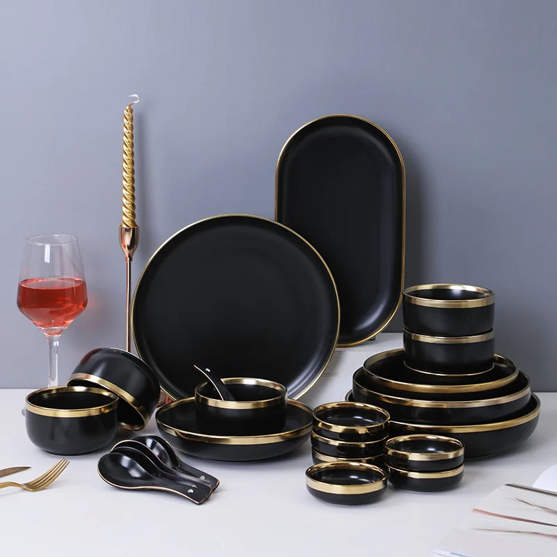 Black-Porcelain-Dinner-Plates-Kitchen-Dishes-Ceramics-Tableware-Food ...