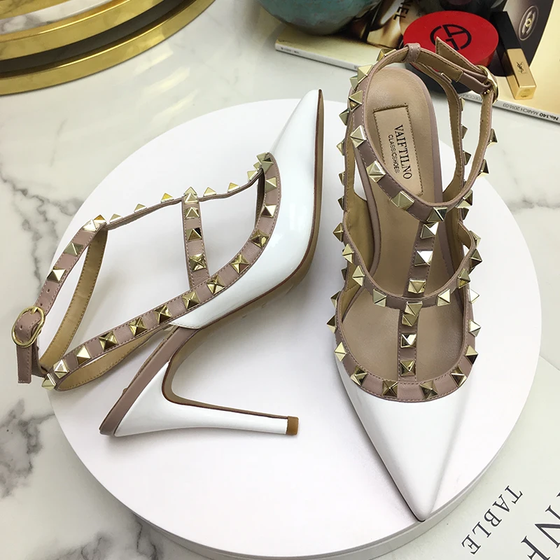 2024 Genuine Leather Rivet Fashion Classic High Heels Summer Black Slim High Heel Sandals Pointed Women's Party Wedding Pumps 41