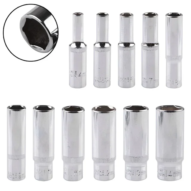 1pc Deep Socket 4/5/6/7/8/9/10/11/12/13/14mm Deep Socket Adapter 1/4inch Hex Socket Wrench Heads Ratchet Tool 6