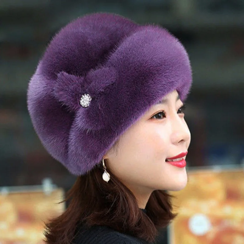 Fur hat Winter hat Women Earflap Fisherman Earwarmer Floral Basin Cap