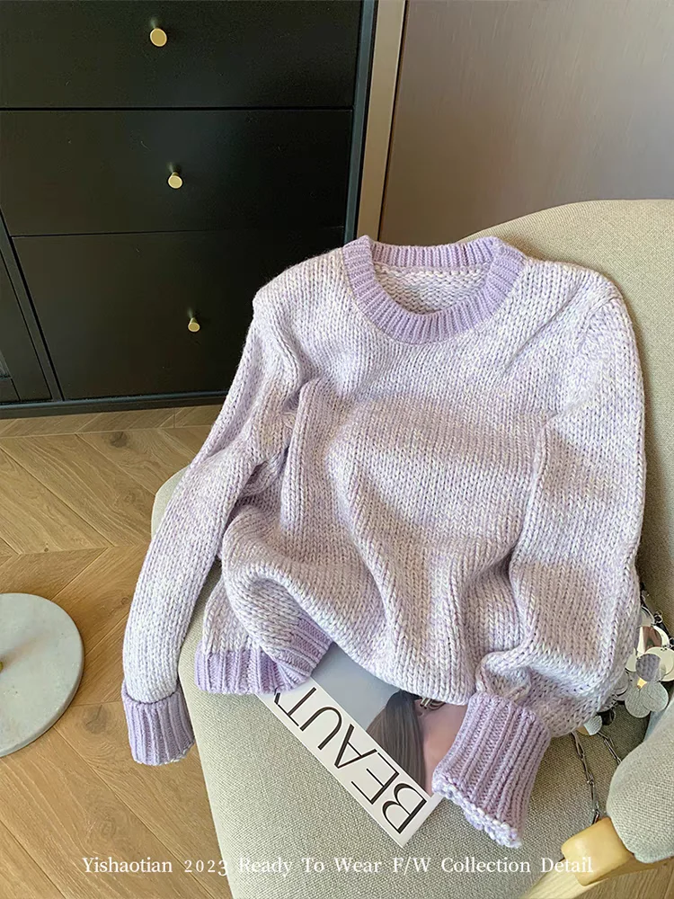 

Light purple Round Neck Soft Glutinous Pullover Sweater Women's 2024 Spring Autumn Casual Cashmere Knitted Tops X873