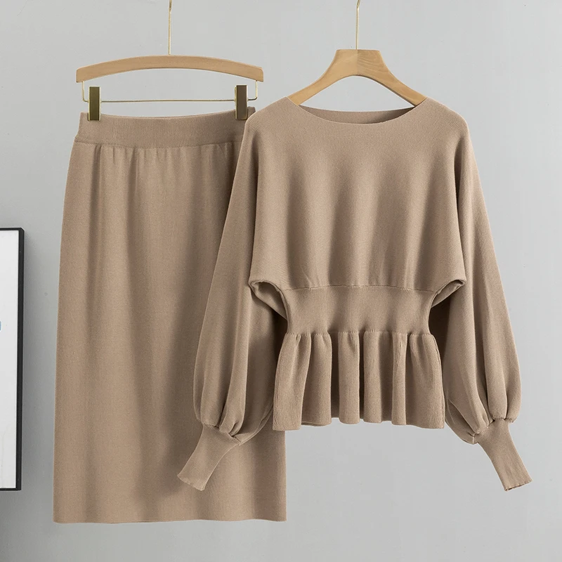 

Soft Elegant Vintage Women Suits 2023 New 2 Pieces Female Sets O Neck Sweater & Dress Ladies Knitted TrackSuit