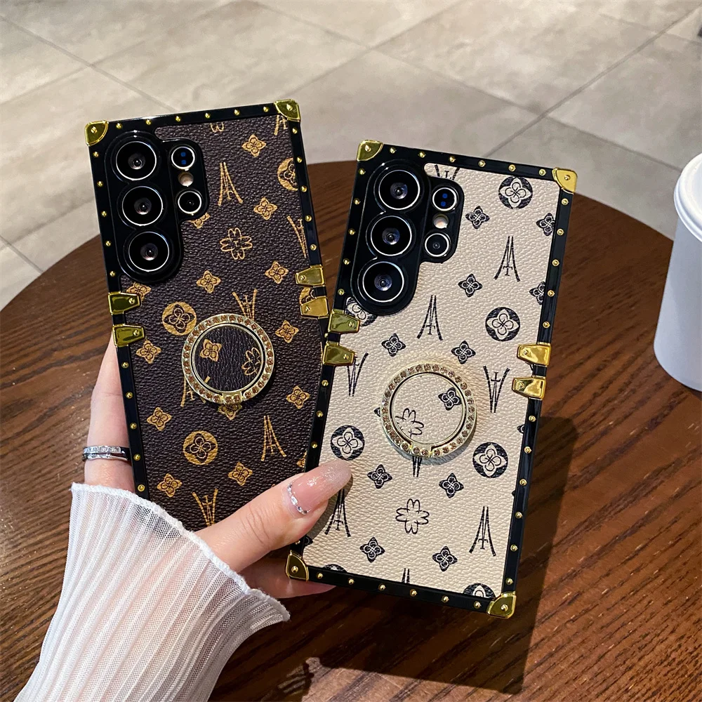 Elegant PU Leather Ring Bracket Plating Case with Flower Diamond Stand Cover