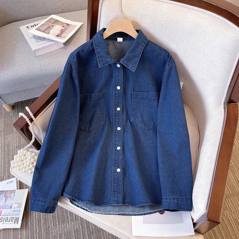 

5xl Spring Thin Denim Jacket For Women Korean Style Cotton Lapel Double Pockets Casual Slim Long Sleeve Blue Female Cowboy Coats