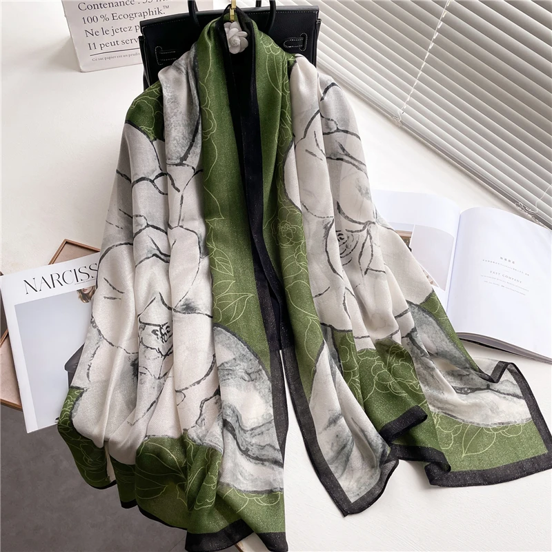 Floral Print Cotton Linen Scarf for Women Luxury Winter Warm Pashmina Shawl Wrap 180*90cm Large Beach Stoles Bufanda Hijab 2022