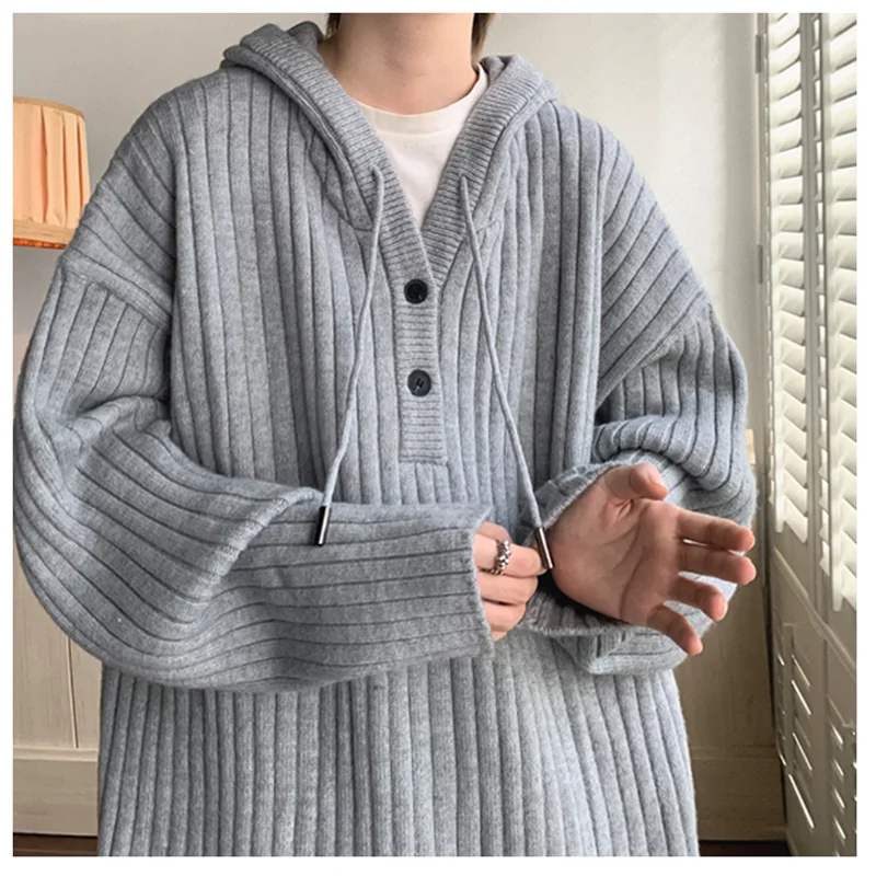 Men's Winter New Hooded Pullover Sweater Hong Kong Style Loose Relaxed Fashion Thickened Knitted Coat Men's Clothing K0018