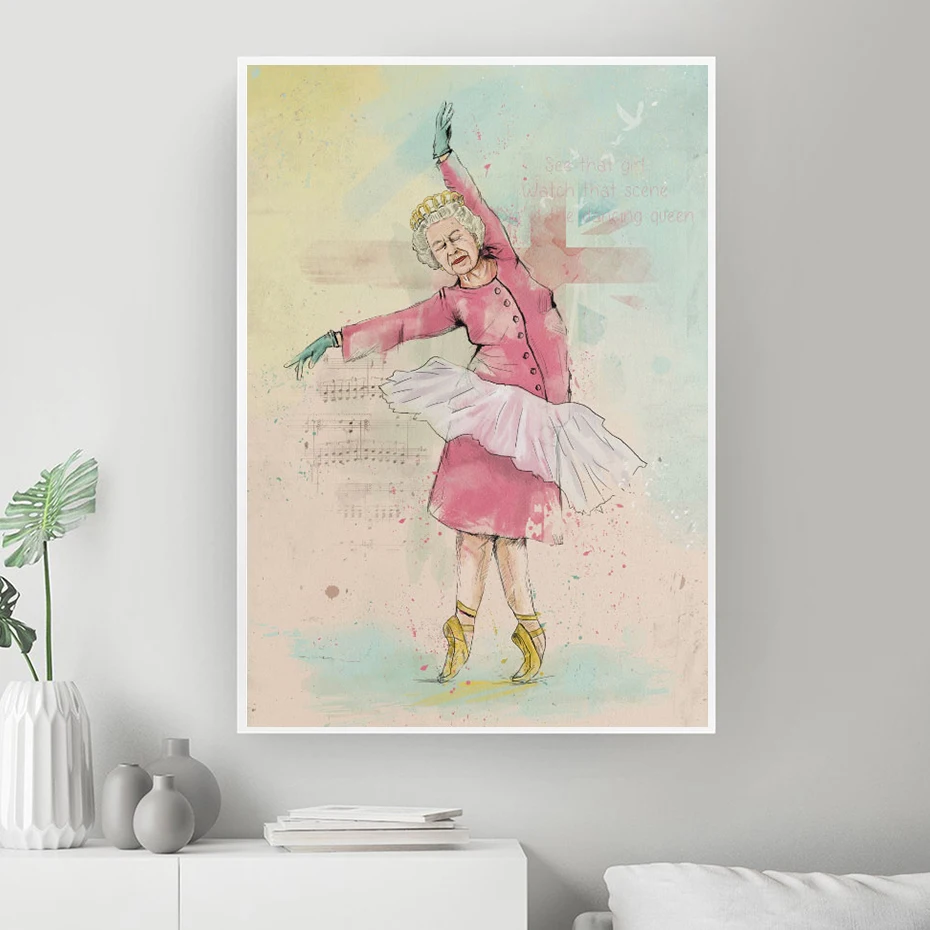 

Vintage Graffiti Painting Artwork U.K. Queen Ballet Funny Posters Royal Noble Pink Black and White Crown Canvas Print Room Decor
