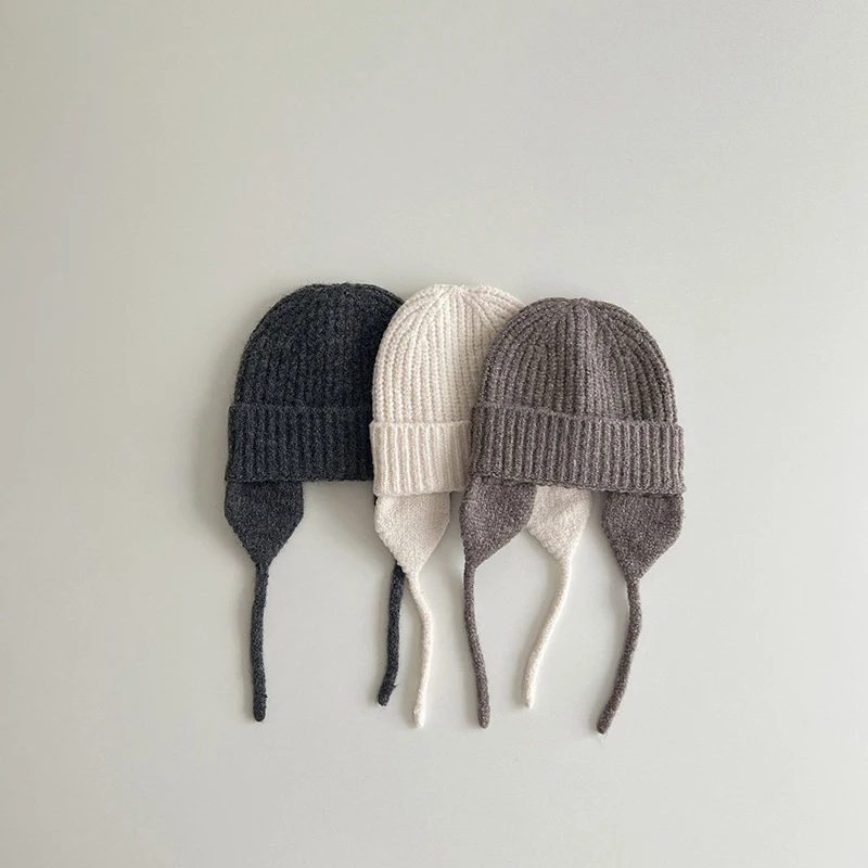 

Solid Color Knitted Beanie For Baby Kids Autumn Winter Soft Crochet Woolen Earmuffs Cap Boy Girl Outdoor Warm Ear Protection Hat