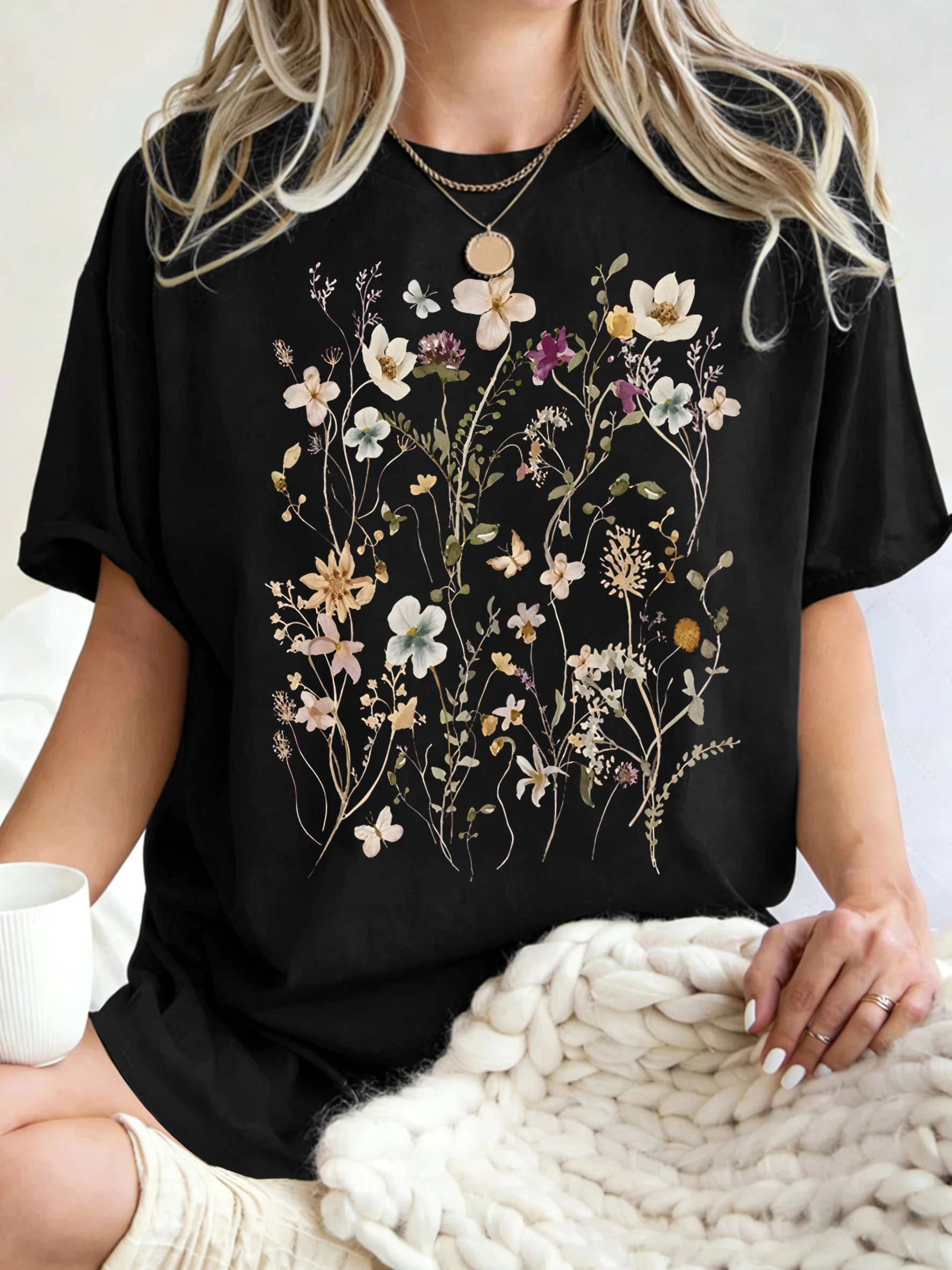 Beautiful Flower Clusters Printing Woman T-Shirt Summer Oversized Short Sleeve O-Neck Cotton T Shirts Y2K Women Sports Tops