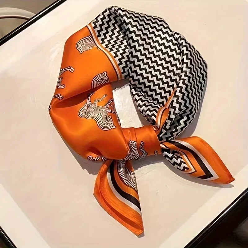 Luxury Orange Striped Horse Square Scarf Women's Natural Soft Satin Scarf Casual Versatile Decoration Small Neck Scarf 2