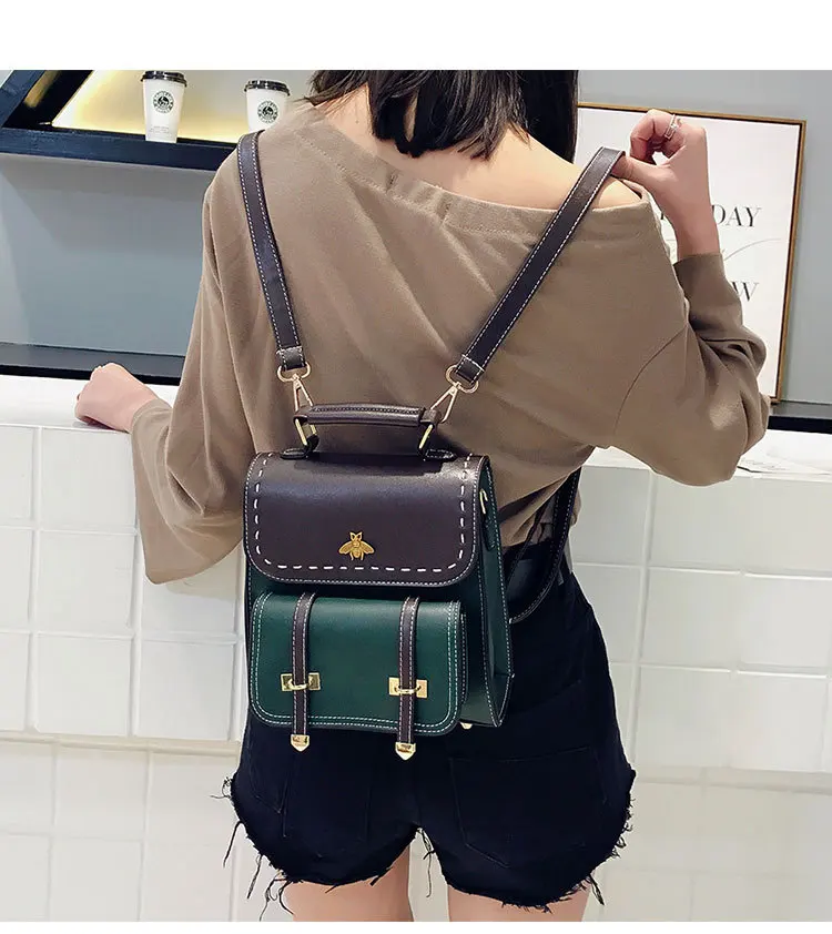 Women Backpack Luxury Bee Vintage Leather Preppy Female Backpack Handbag School College Backpack Travel Bag Shopping Bag mochila stylish backpacks for kid